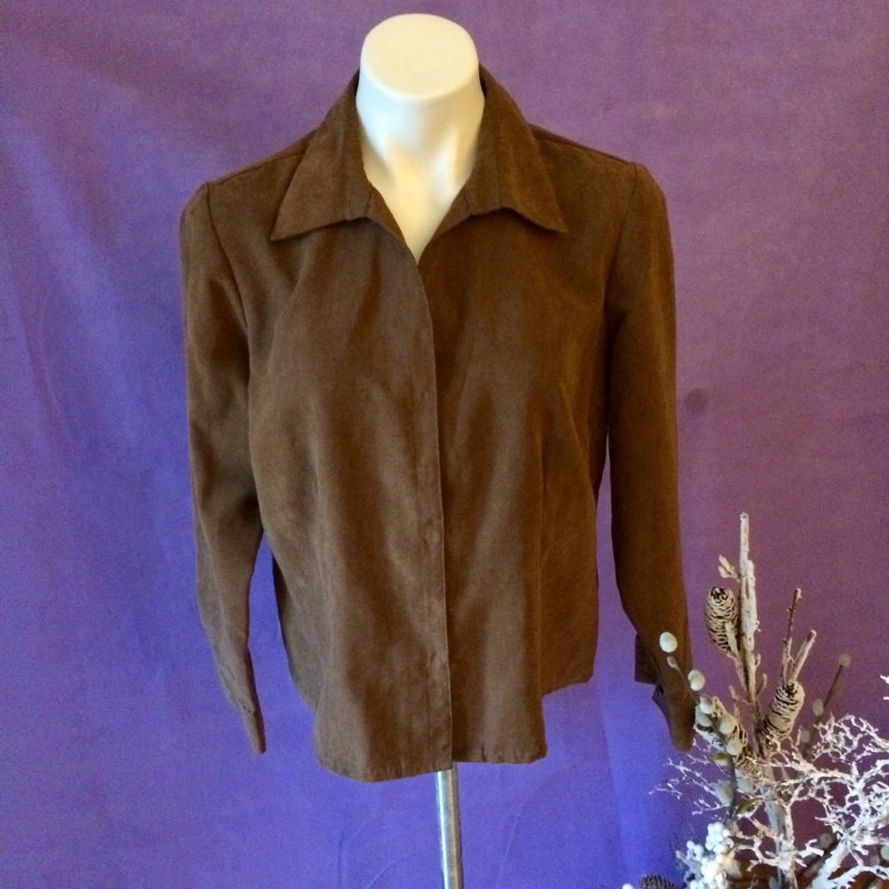 PETITE LARGE FAUX SUEDE SNAP UP COLLAR SHIRT BROWN
